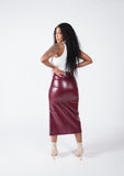 THE V MIDI LEATHER SKIRT